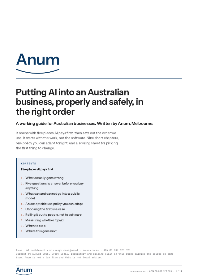 The cover of the Anum guide, titled Putting AI into an Australian business, properly and safely, in the right order, with five places AI pays first and then nine chapters listed below it.
