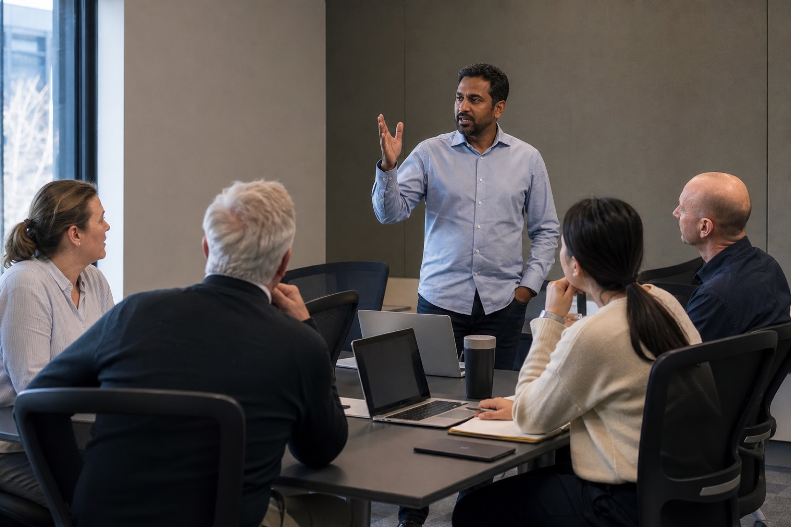 Five people seated around a boardroom table with laptops open while one person stands at the head of the table explaining something.